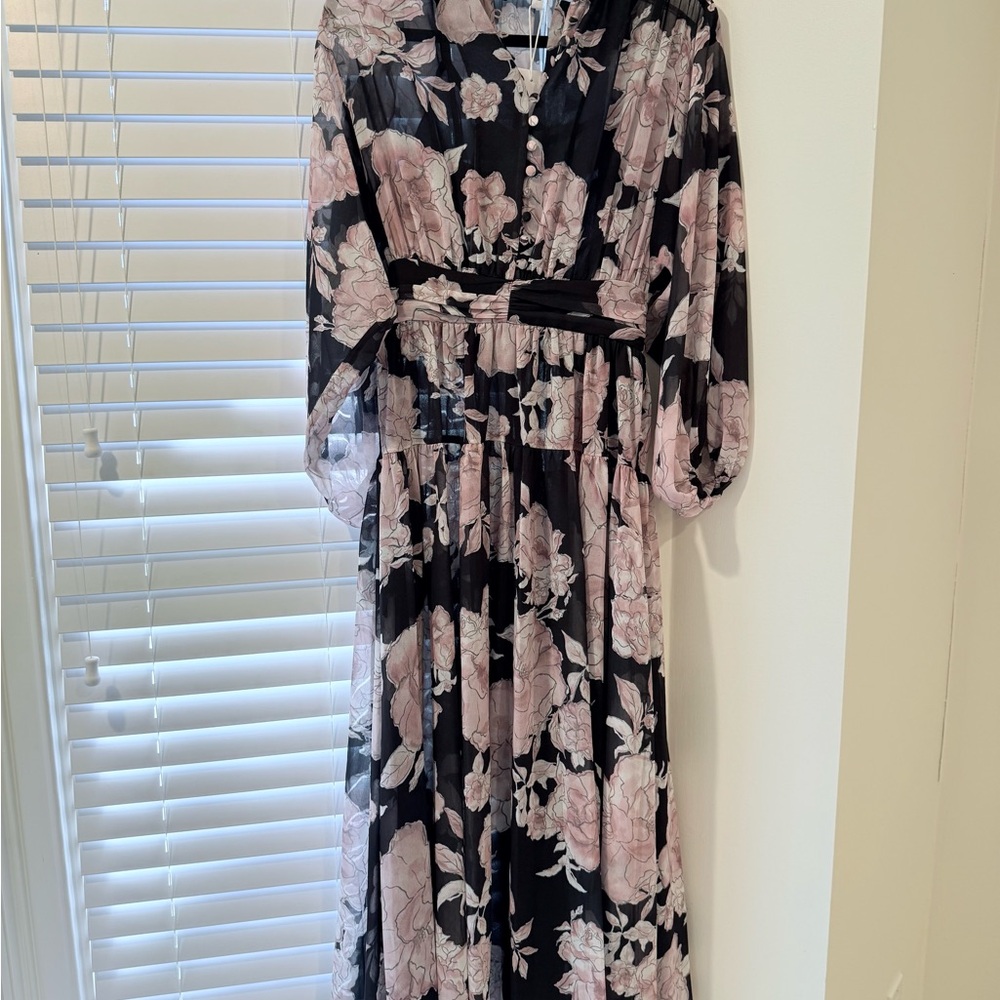 Derek Lam Black and Pink Floral Long Sleeve Dress